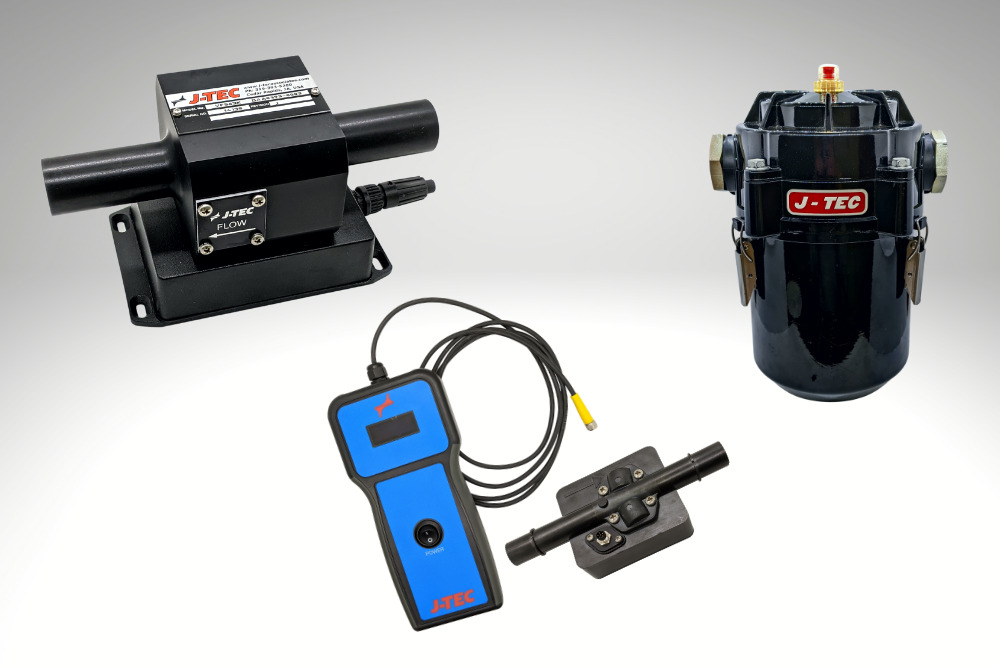 J-TEC’s family of products including (from left) a VF563 Series Blow-By Flow Meter, the HBM453 Blow-By Flow Meter and Display, and the VF563 Series Canister.